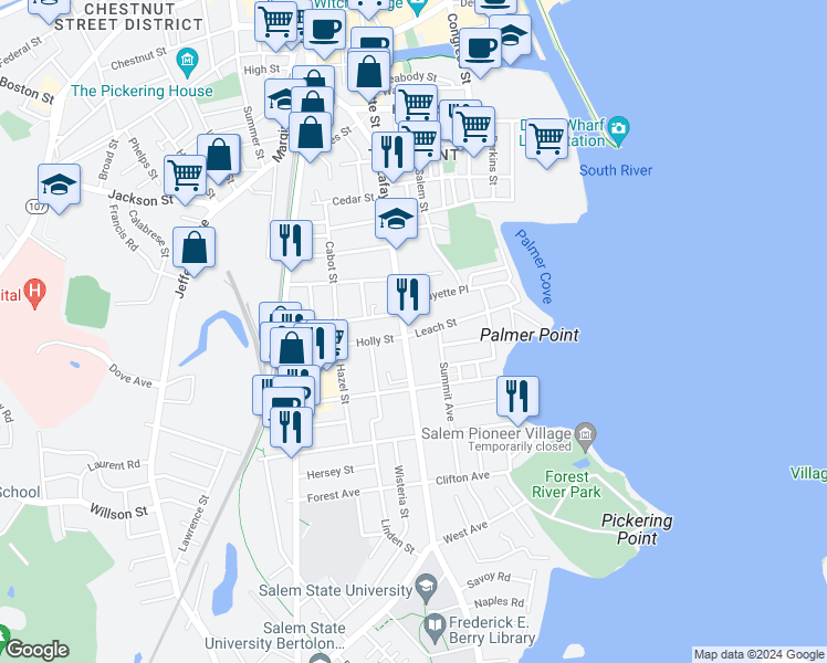 map of restaurants, bars, coffee shops, grocery stores, and more near 235 Lafayette Street in Salem