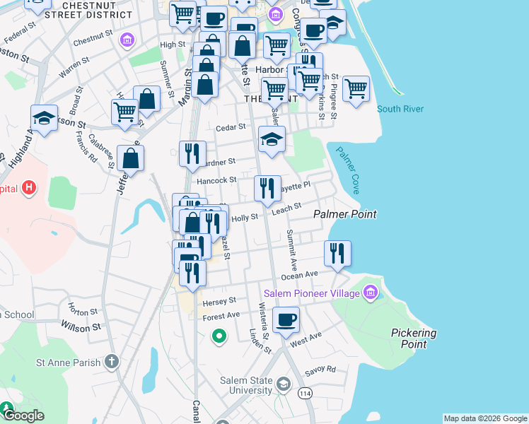 map of restaurants, bars, coffee shops, grocery stores, and more near 235 Lafayette Street in Salem