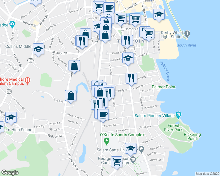 map of restaurants, bars, coffee shops, grocery stores, and more near 1 Hazel Street in Salem