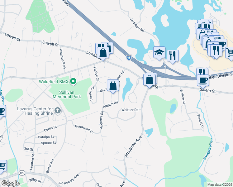 map of restaurants, bars, coffee shops, grocery stores, and more near 38 Chapman Road in Wakefield