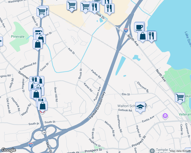 map of restaurants, bars, coffee shops, grocery stores, and more near 149 Parker Road in Wakefield