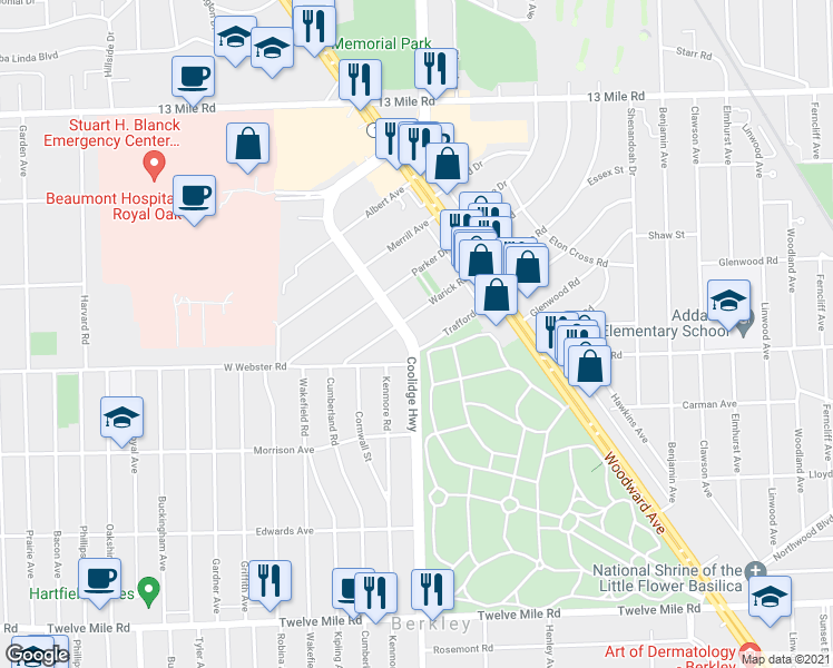 map of restaurants, bars, coffee shops, grocery stores, and more near 2820 Coolidge Highway in Royal Oak