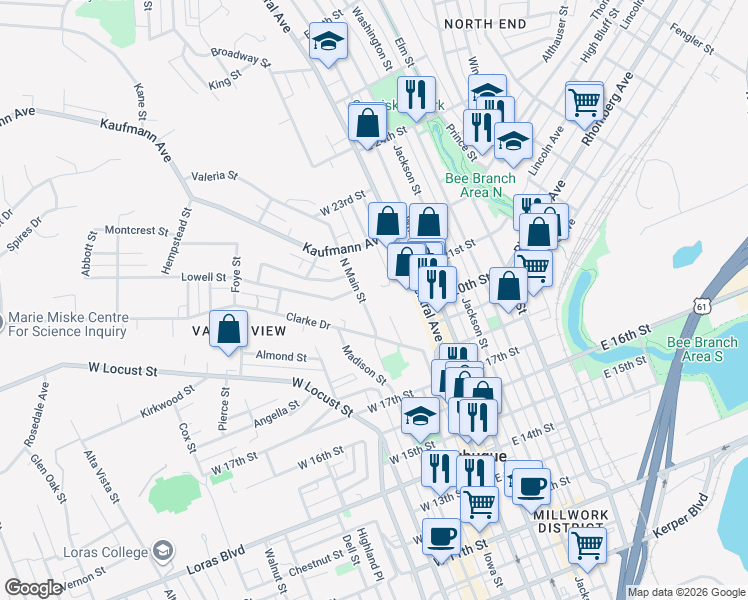 map of restaurants, bars, coffee shops, grocery stores, and more near 2024 North Main Street in Dubuque