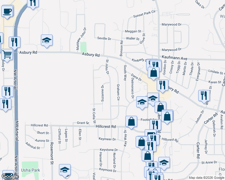 map of restaurants, bars, coffee shops, grocery stores, and more near 2233 Saint John Drive in Dubuque