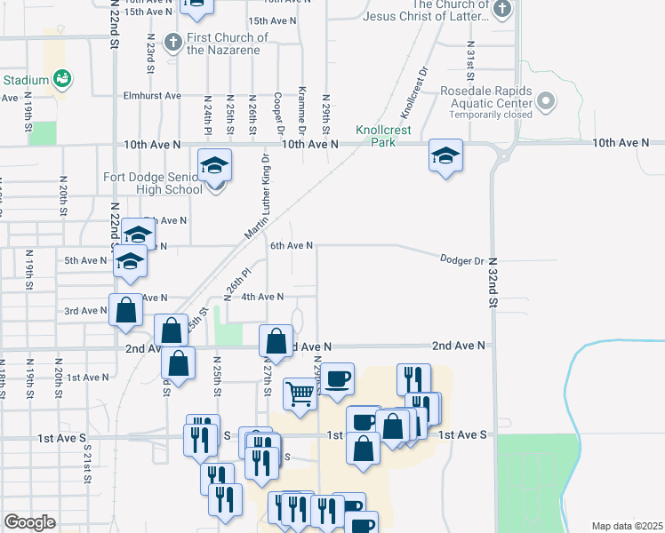 map of restaurants, bars, coffee shops, grocery stores, and more near 533 North 28th Street in Fort Dodge