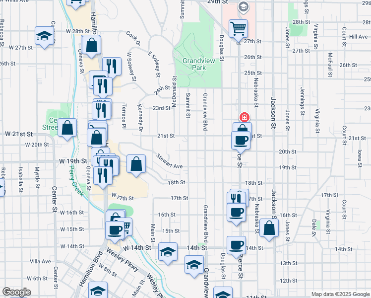 map of restaurants, bars, coffee shops, grocery stores, and more near 2005 Summit Street in Sioux City