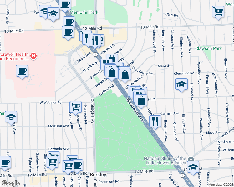 map of restaurants, bars, coffee shops, grocery stores, and more near 30211 Woodward Avenue in Royal Oak