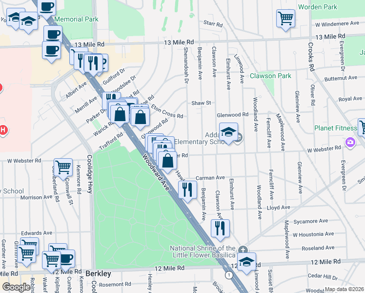map of restaurants, bars, coffee shops, grocery stores, and more near 2619 Aberdovey Drive in Royal Oak