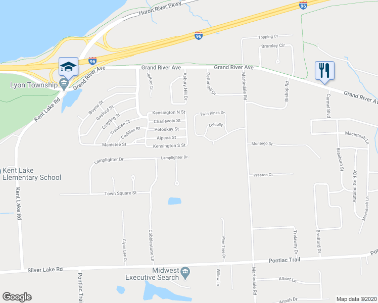 map of restaurants, bars, coffee shops, grocery stores, and more near 60282 Lamplighter Drive in Lyon Charter Township