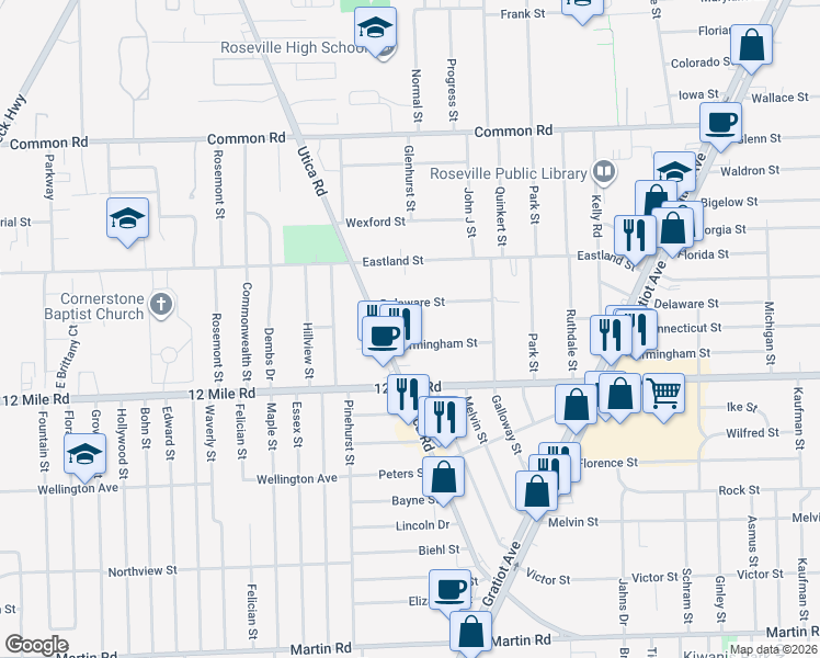 map of restaurants, bars, coffee shops, grocery stores, and more near 29230 Utica Road in Roseville