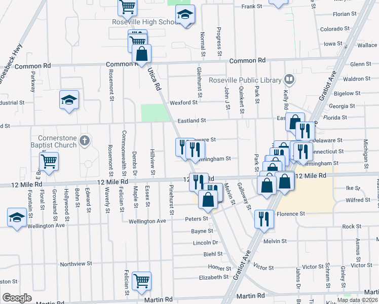 map of restaurants, bars, coffee shops, grocery stores, and more near 29230 Utica Road in Roseville