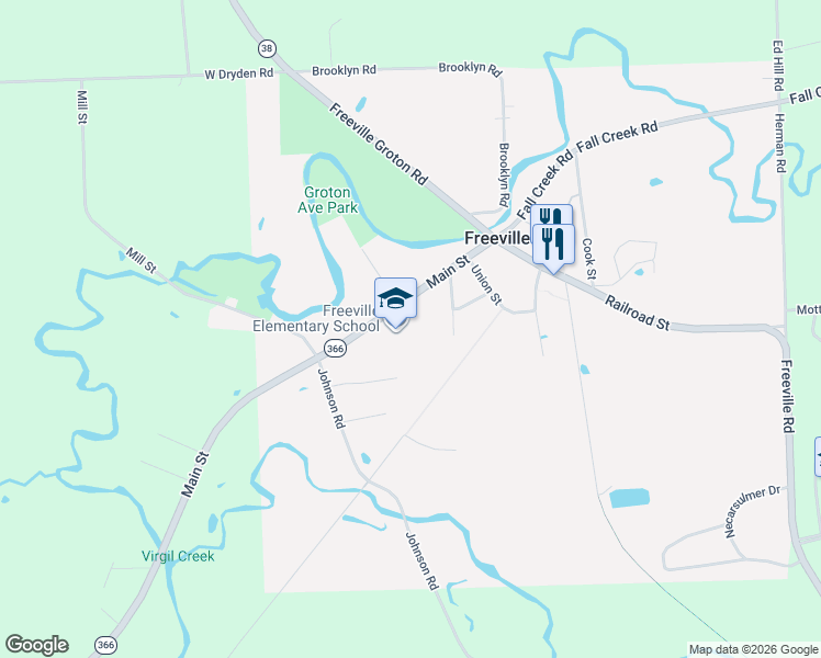 map of restaurants, bars, coffee shops, grocery stores, and more near 43 Main Street in Freeville