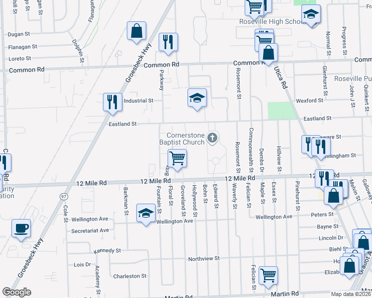 map of restaurants, bars, coffee shops, grocery stores, and more near 29153 East Rose in Roseville