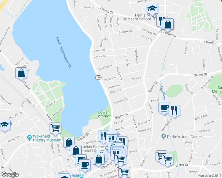 map of restaurants, bars, coffee shops, grocery stores, and more near 8 White Avenue in Wakefield