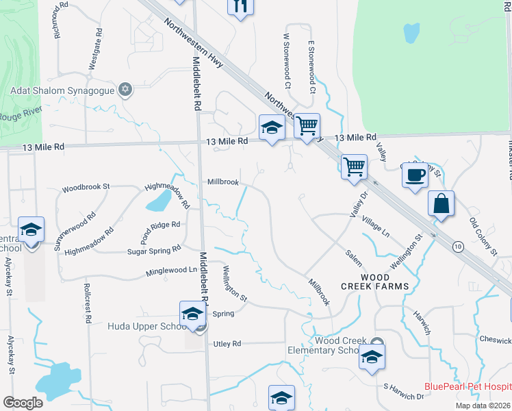 map of restaurants, bars, coffee shops, grocery stores, and more near 29043 Millbrook in Farmington Hills
