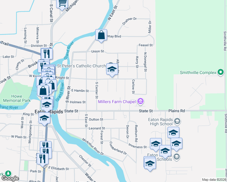 map of restaurants, bars, coffee shops, grocery stores, and more near 106 Meath Road in Eaton Rapids