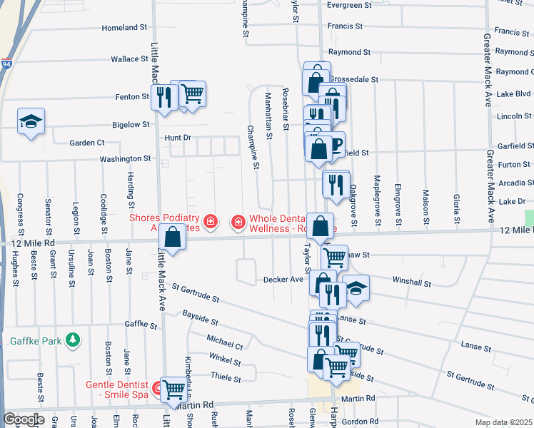 map of restaurants, bars, coffee shops, grocery stores, and more near 29627 Manhattan Street in St. Clair Shores