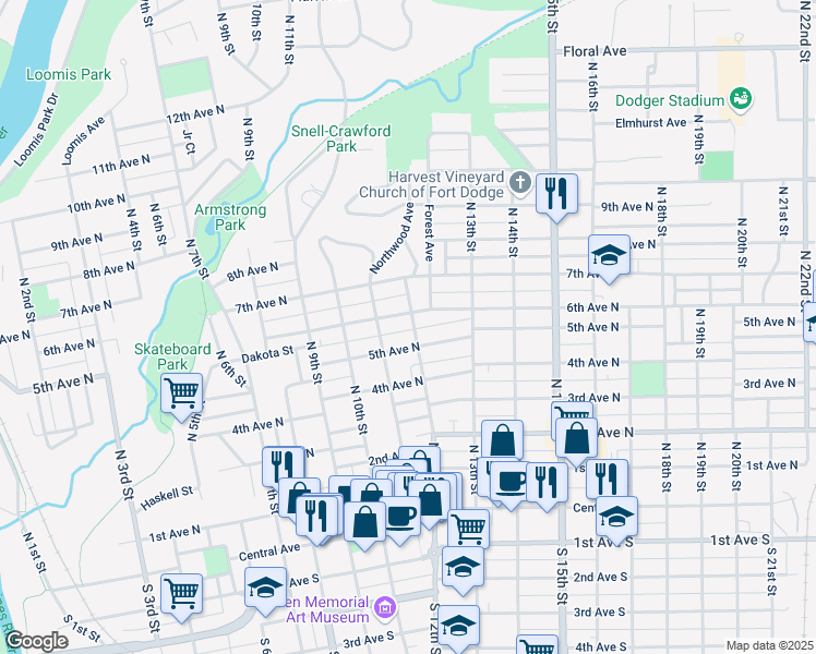 map of restaurants, bars, coffee shops, grocery stores, and more near 520 North 12th Street in Fort Dodge