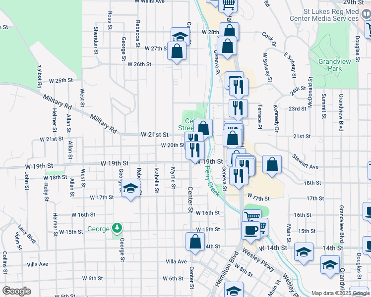 map of restaurants, bars, coffee shops, grocery stores, and more near 1923 Center Street in Sioux City