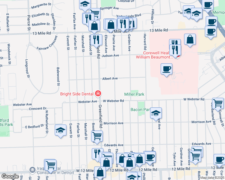 map of restaurants, bars, coffee shops, grocery stores, and more near 3107 Prairie Avenue in Royal Oak