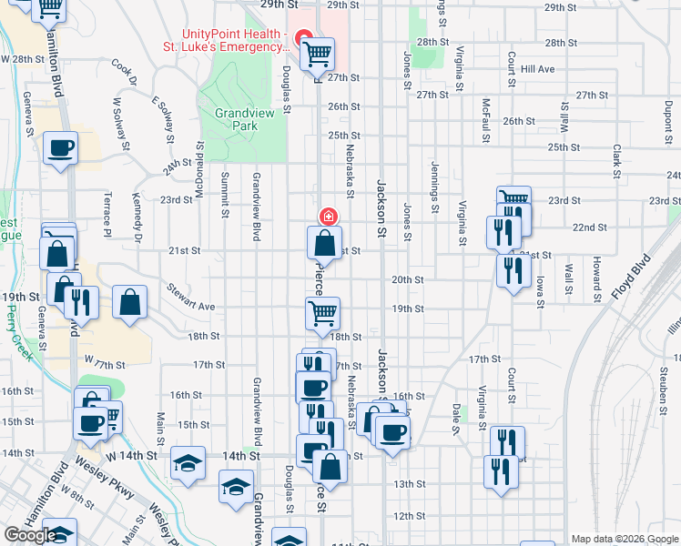 map of restaurants, bars, coffee shops, grocery stores, and more near 2000-2012 Nebraska Street in Sioux City