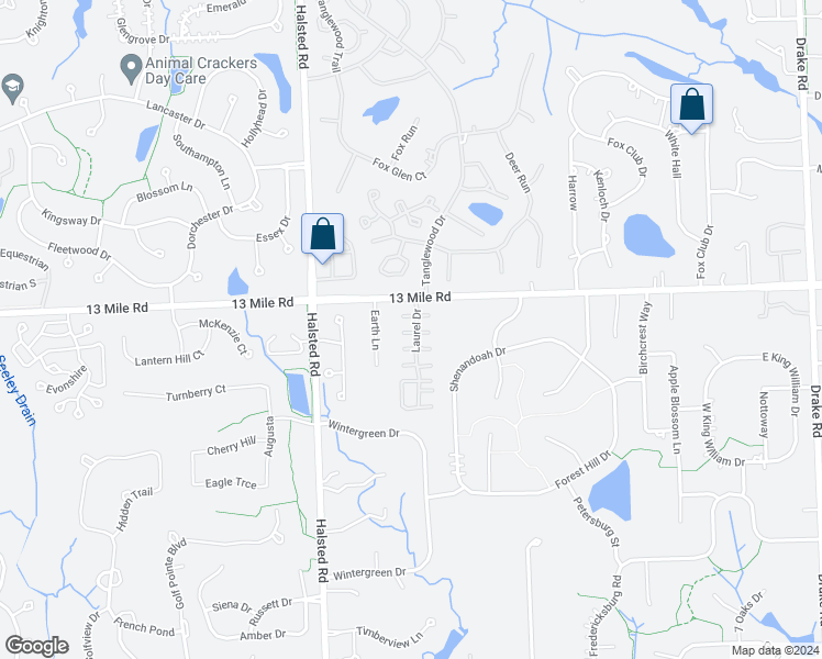 map of restaurants, bars, coffee shops, grocery stores, and more near 29413 Laurel Drive in Farmington Hills