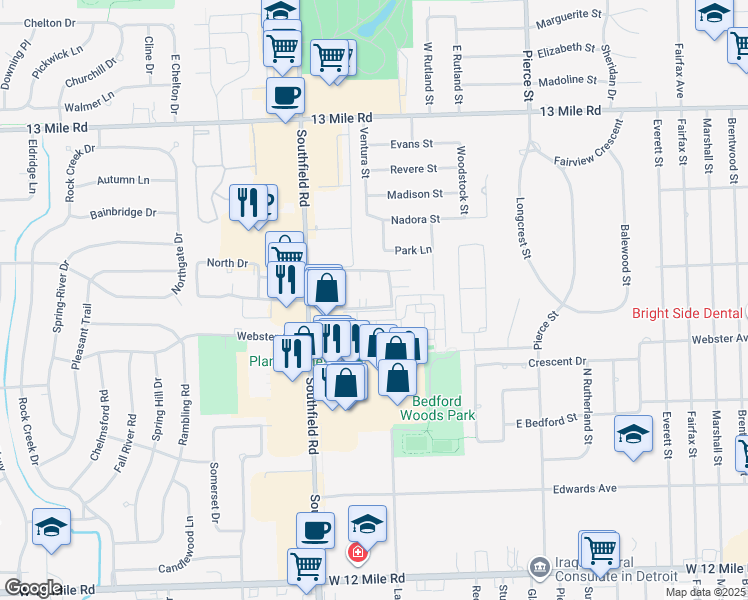map of restaurants, bars, coffee shops, grocery stores, and more near 30236 Southfield Road in Southfield