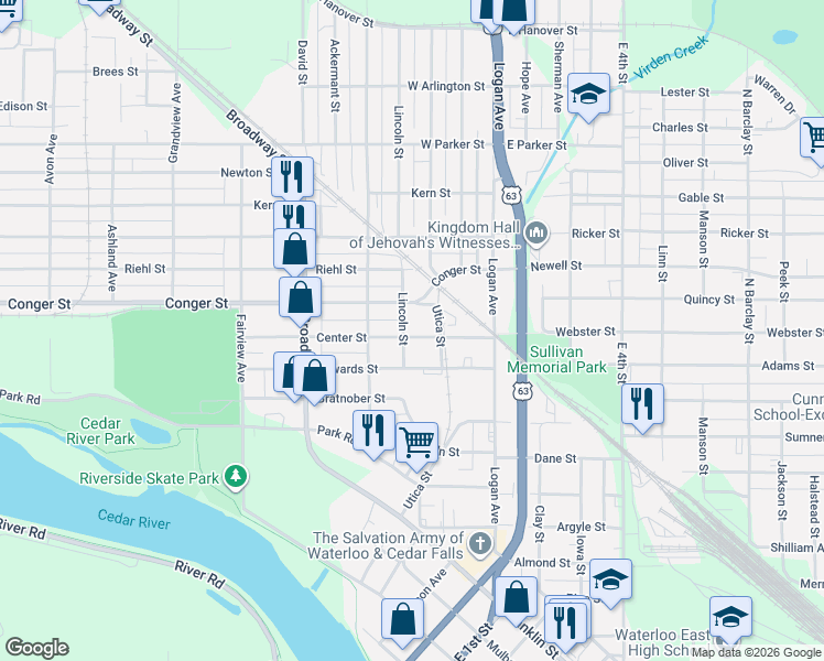 map of restaurants, bars, coffee shops, grocery stores, and more near 611 Lincoln Street in Waterloo