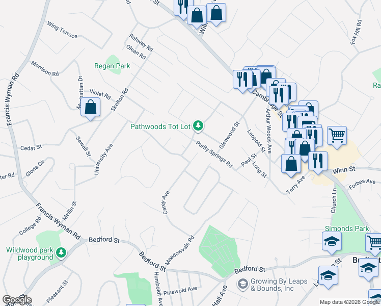 map of restaurants, bars, coffee shops, grocery stores, and more near 28 Pathwoods Avenue in Burlington