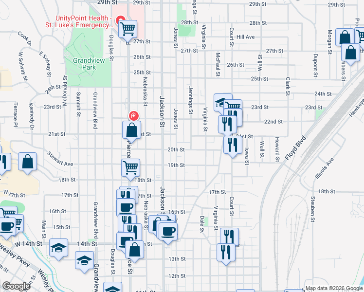 map of restaurants, bars, coffee shops, grocery stores, and more near 807 20th Street in Sioux City