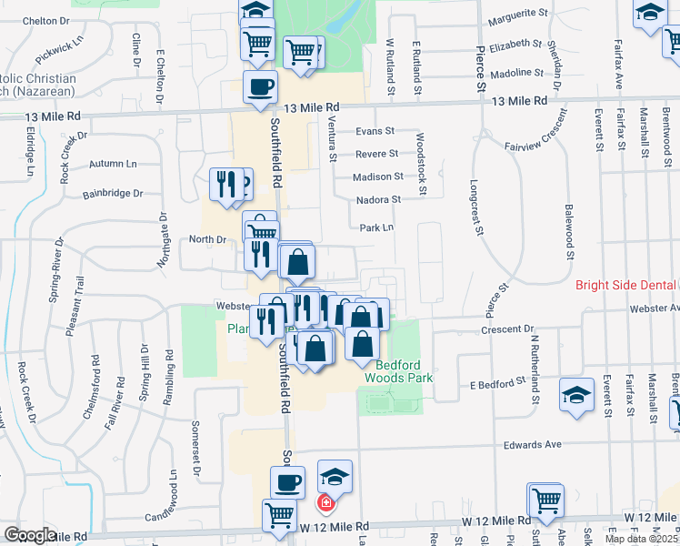 map of restaurants, bars, coffee shops, grocery stores, and more near 30236 Southfield Road in Southfield