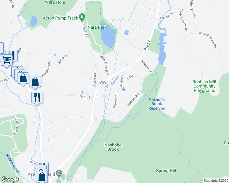 map of restaurants, bars, coffee shops, grocery stores, and more near 3 Sawmill Road in Acton