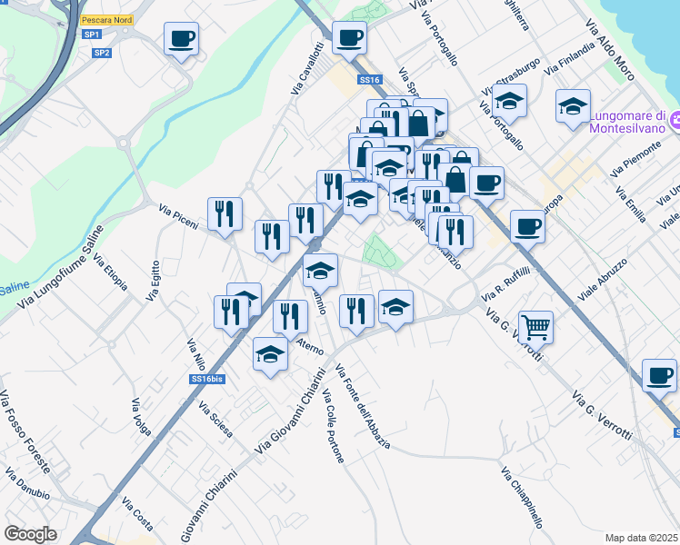 map of restaurants, bars, coffee shops, grocery stores, and more near via Giorgio Almirante in Montesilvano