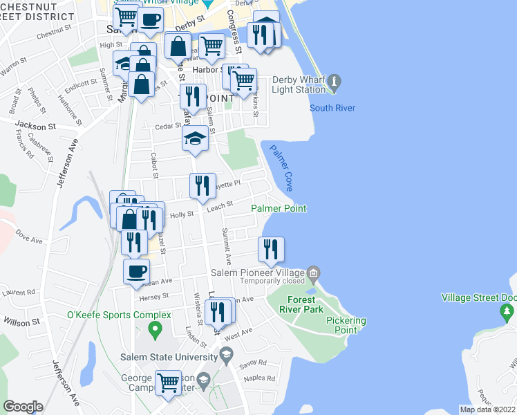 map of restaurants, bars, coffee shops, grocery stores, and more near 17 Green Street in Salem