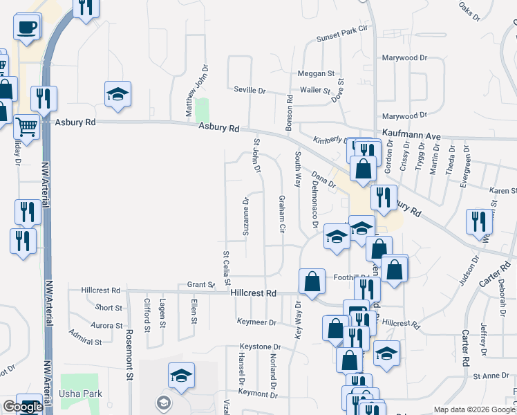 map of restaurants, bars, coffee shops, grocery stores, and more near 2233 Saint John Drive in Dubuque