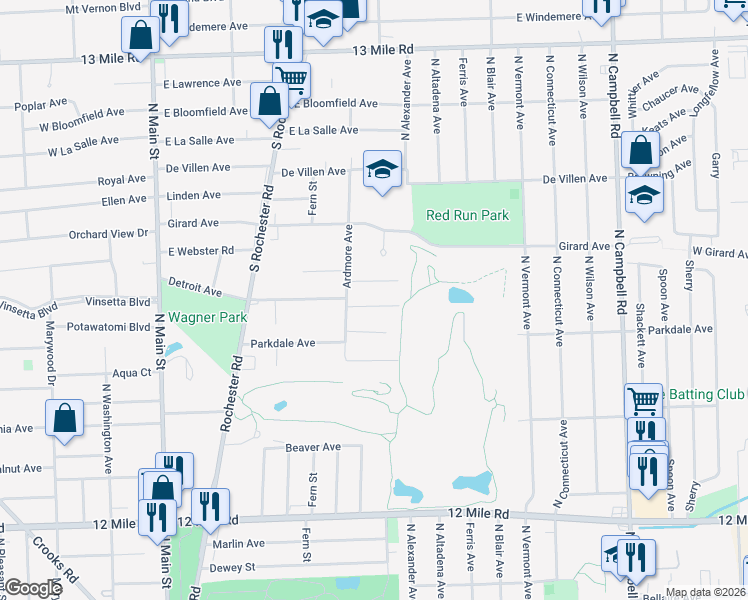 map of restaurants, bars, coffee shops, grocery stores, and more near 627 Detroit Avenue in Royal Oak