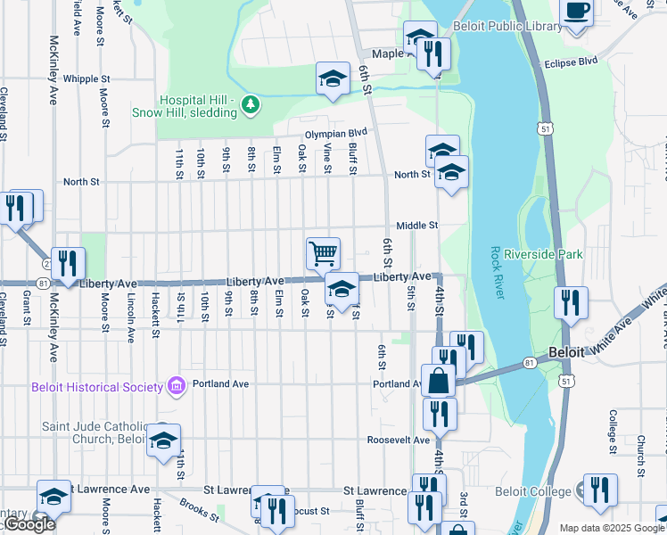 map of restaurants, bars, coffee shops, grocery stores, and more near 1111 Vine Street in Beloit