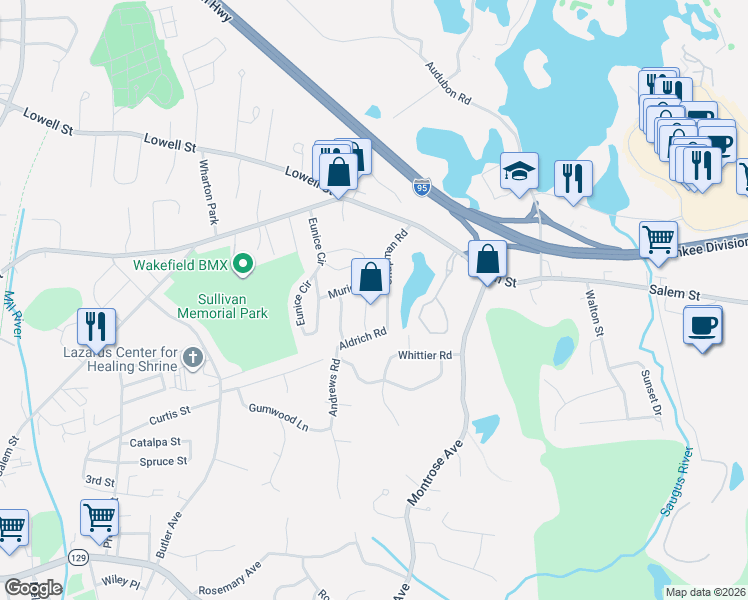 map of restaurants, bars, coffee shops, grocery stores, and more near 16 Muriel Avenue in Wakefield