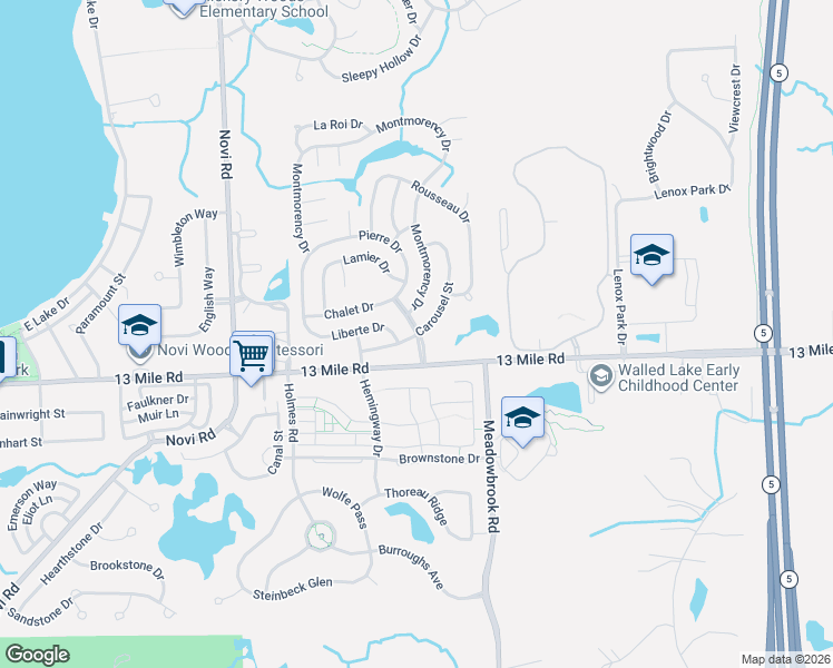 map of restaurants, bars, coffee shops, grocery stores, and more near 29601 Le Grand Boulevard in Novi