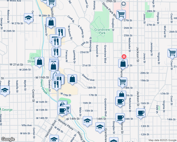 map of restaurants, bars, coffee shops, grocery stores, and more near 2094 McDonald Street in Sioux City