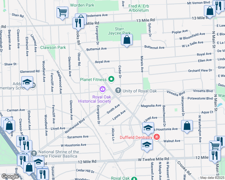 map of restaurants, bars, coffee shops, grocery stores, and more near in Royal Oak