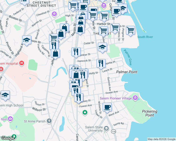 map of restaurants, bars, coffee shops, grocery stores, and more near 1 Hazel Street in Salem