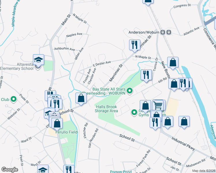 map of restaurants, bars, coffee shops, grocery stores, and more near 63 Merrimac Street in Woburn