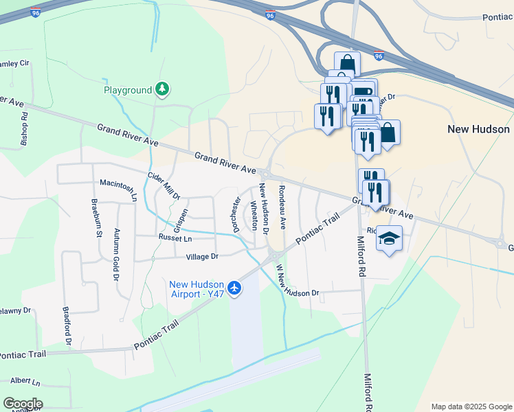 map of restaurants, bars, coffee shops, grocery stores, and more near 31058 Wheaton in Lyon Charter Township