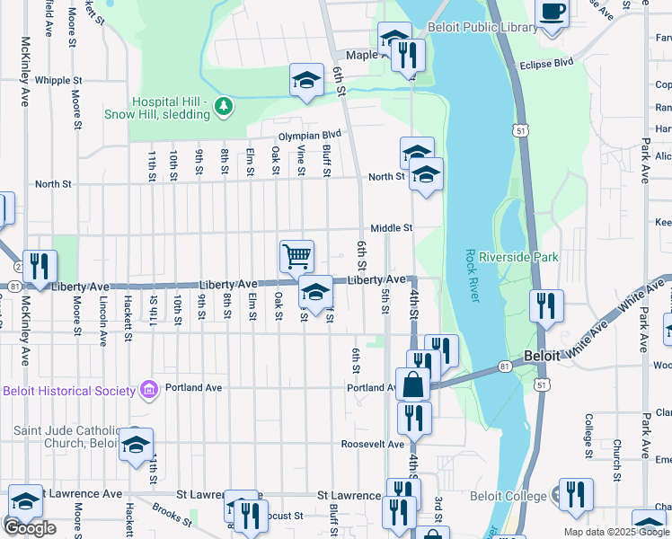 map of restaurants, bars, coffee shops, grocery stores, and more near 1111 Bluff Street in Beloit