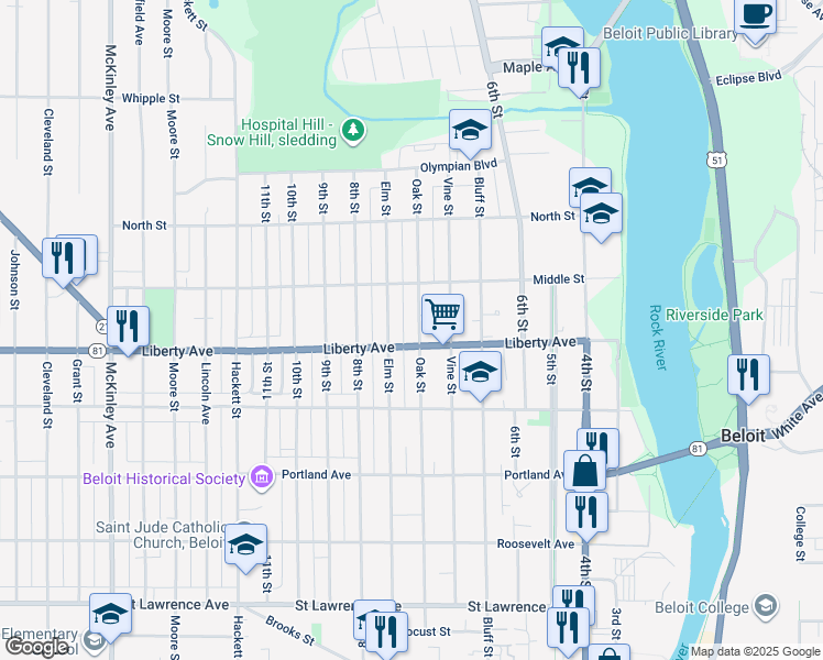 map of restaurants, bars, coffee shops, grocery stores, and more near 1116 Oak Street in Beloit