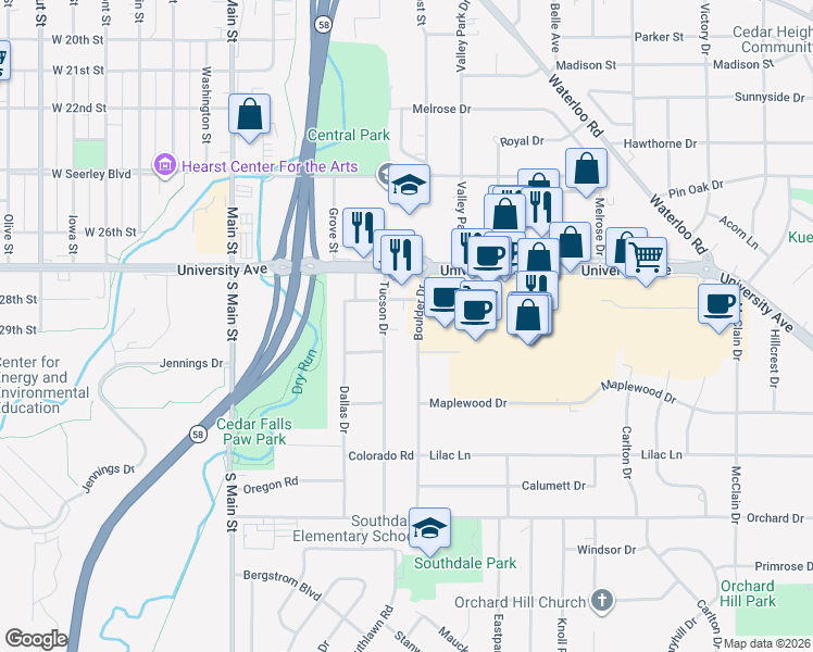 map of restaurants, bars, coffee shops, grocery stores, and more near 2923 Boulder Drive in Cedar Falls