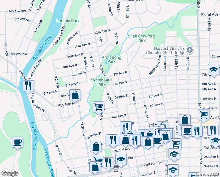 map of restaurants, bars, coffee shops, grocery stores, and more near 632 7th Avenue North in Fort Dodge