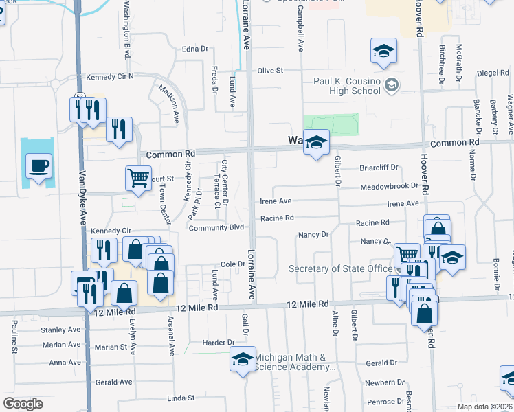 map of restaurants, bars, coffee shops, grocery stores, and more near 11008 Irene Avenue in Warren