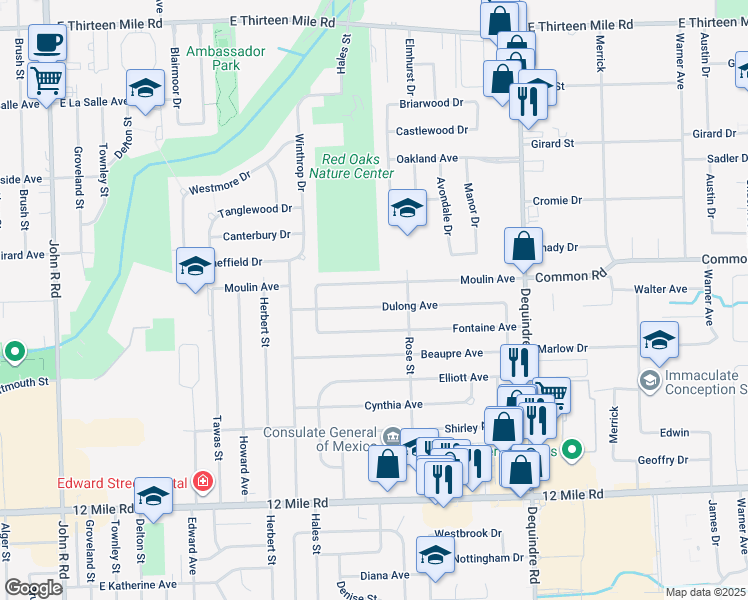 map of restaurants, bars, coffee shops, grocery stores, and more near 1355 Dulong Avenue in Madison Heights